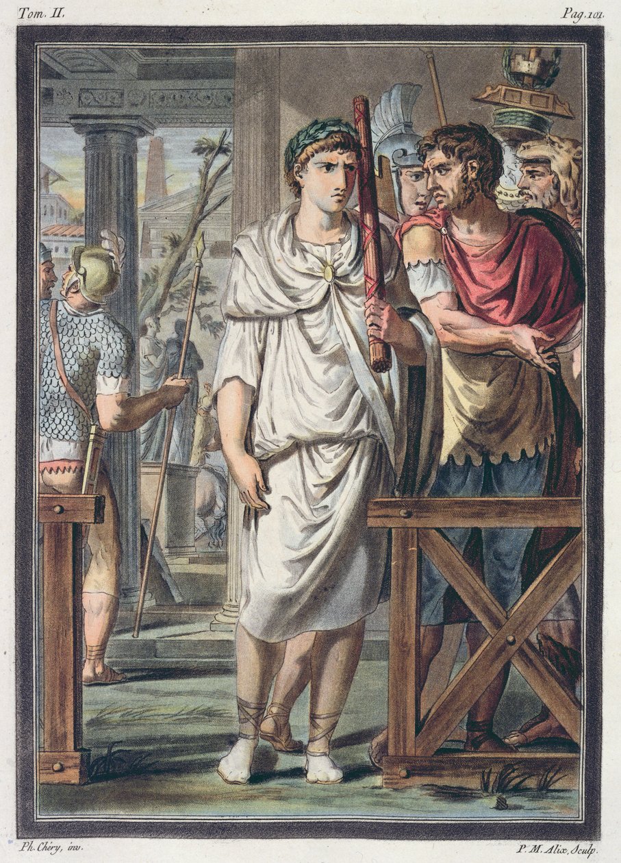 Lictores e soldados do séquito de Tito, figurinos de Berenice, de Jean Racine, do Volume II da Pesquisa sobre os trajes e o teatro de todas as nações, gravada por Pierre Michel Alix (1762-18). de Philippe Chery