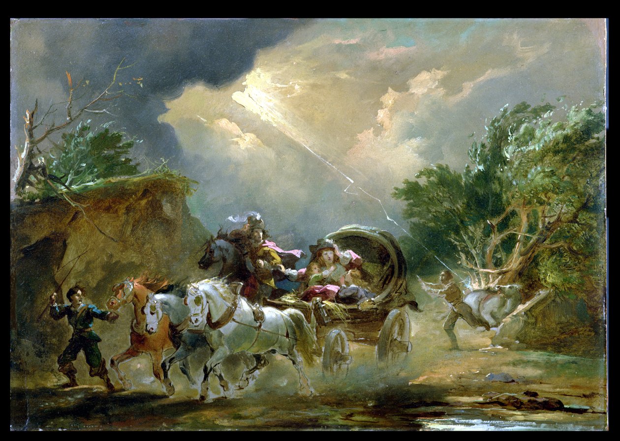 Treinador em uma tempestade, 1790 (óleo no moinho) de Philippe Jacques de Loutherbourg