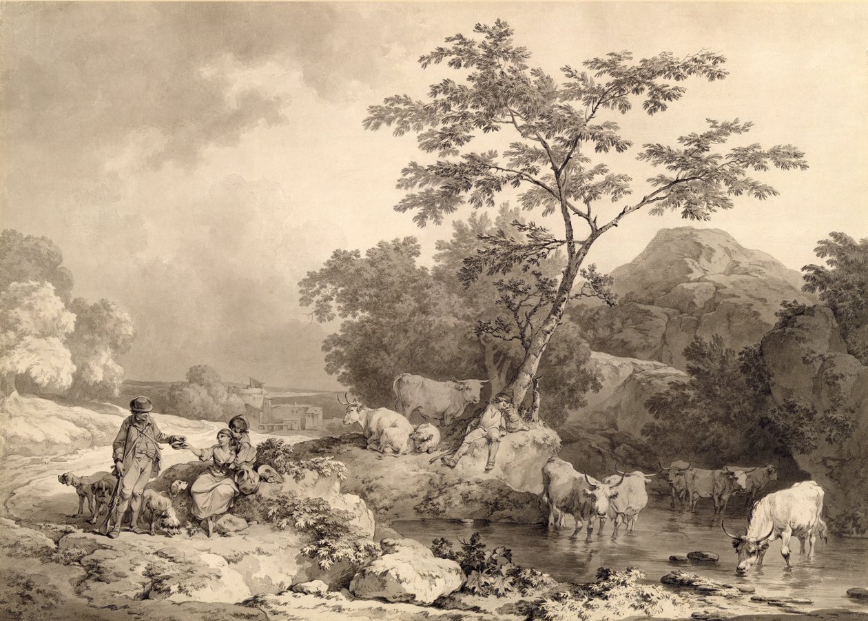 Figuras por um córrego com rega de gado (cinza lava sobre lápis sobre papel) de Philippe Jacques de Loutherbourg