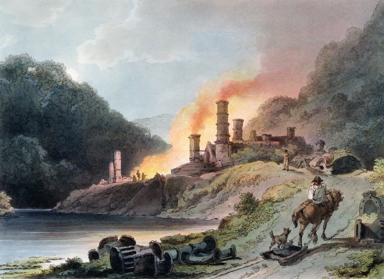 Iron Works, Coalbrookdale, gravado por William Pickett, c.1805 (aquatint colorido) de Philippe Jacques de Loutherbourg