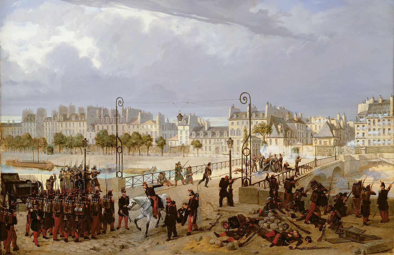 Um ataque a uma barricada na Pont de l&39;Archeveche, 1849 de Philippe Marie Chaperon