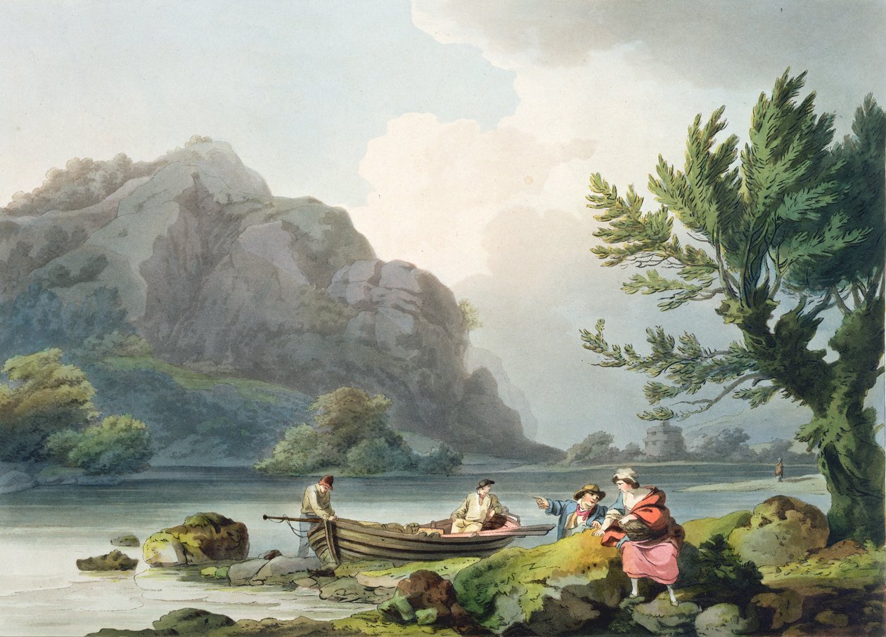 Lago de Wyndermere, do "Cenário Romântico e Pitoresco da Inglaterra e País de Gales", publicado em 1805 (gravura a cores) de Philippe Jacques de Loutherbourg
