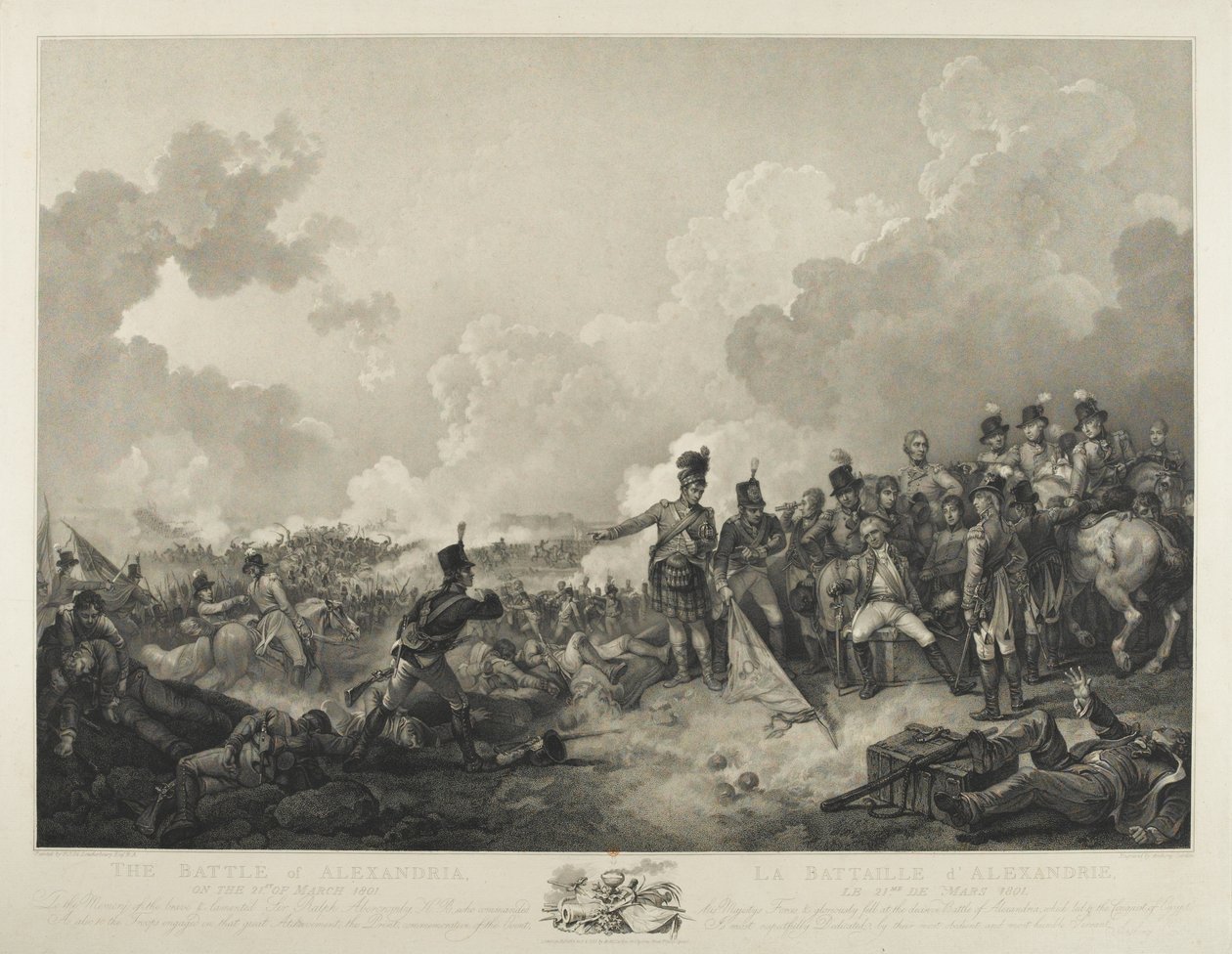 A Batalha de Alexandria, com o general Abercrombie sentado ferido, 21 de março de 1801, gravado por A. Cardon, 1806 (gravura de stipple) de Philippe Jacques de Loutherbourg