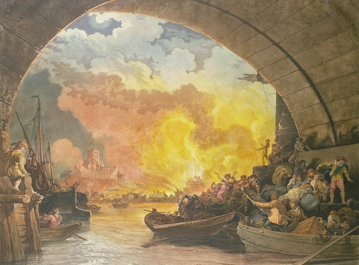 O Grande Incêndio de Londres, 1799, gravado por JC Stadler (fl.1780-1812) (aquatint) de Philippe Jacques de Loutherbourg