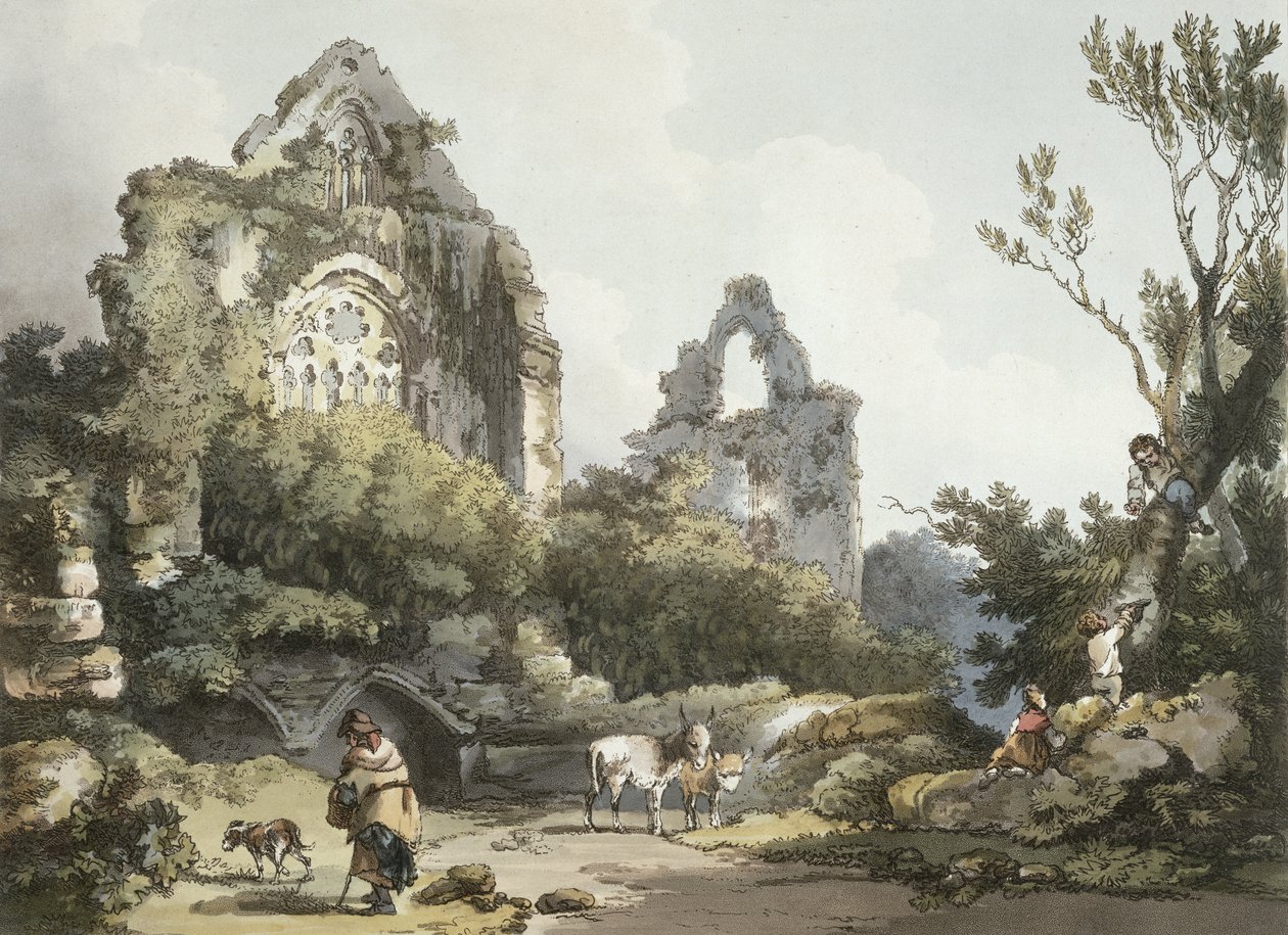 Abadia de Tintern, de "O Cenário Romântico e Pitoresco da Inglaterra do País de Gales", publicada em 1805 (gravura a cores) de Philippe Jacques de Loutherbourg