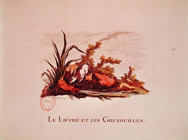 A Lebre e os Sapos, ilustração das fábulas de Jean de la Fontaine (1621-95) 1823 de Philippe de after Loutherbourg