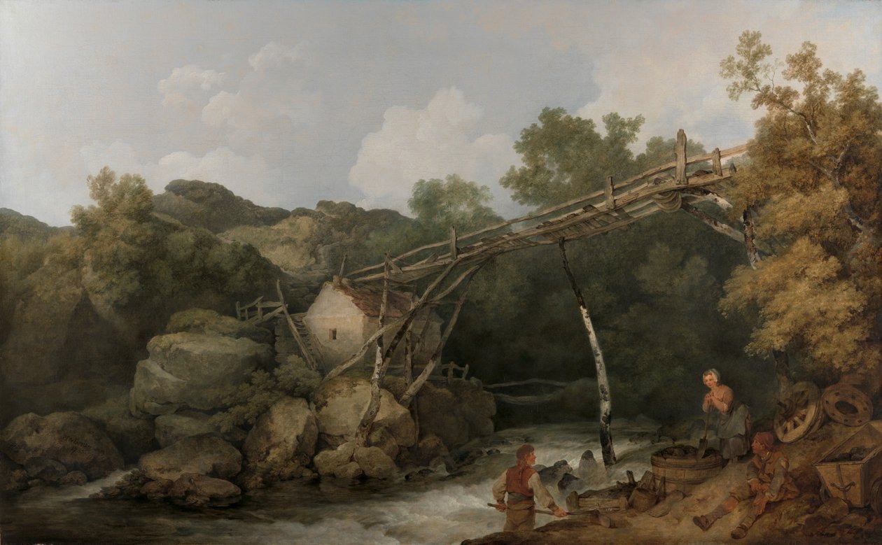 Uma Vista perto de Matlock, Derbyshire com Figuras Trabalhando por baixo de um Transportador de Madeira de Philippe-Jacques de Loutherbourg