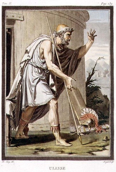 Ulisses, figurino para "Iphigenia in Aulis" de Jean Racine, do Volume II de "Pesquisa sobre o Figurino e Teatro de Todas as Nações", gravado por Antoine Francois Sergent (1751-1847) 1802 (gravura em cores) de Philippe (after) Chery