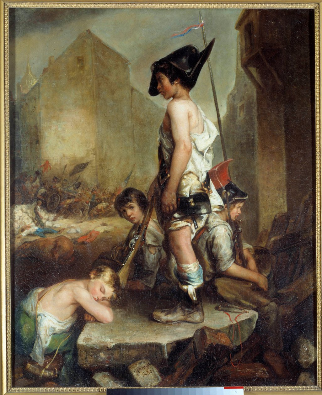 Revolução de Julho: "Les Trois Glorieuses: les petits patriotes" Jovens insurgem-se nas barricadas de Paris. Pintura de Philippe Auguste Jeanron (1809-1877) 1830 Caen. Museu de Belas Artes de Philippe Auguste Jeanron