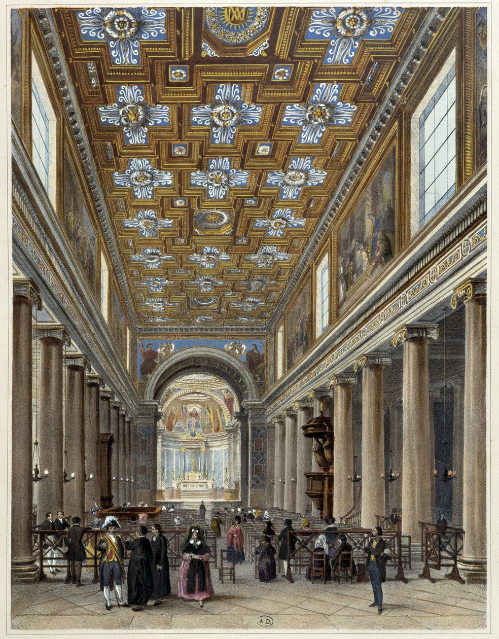 Interior da igreja Notre-Dame de Lorette - em "Promenade dans Paris et ses environs", desenhos de Jacottet e Benoist, ed. Gihaut Frères de Philippe Benoist