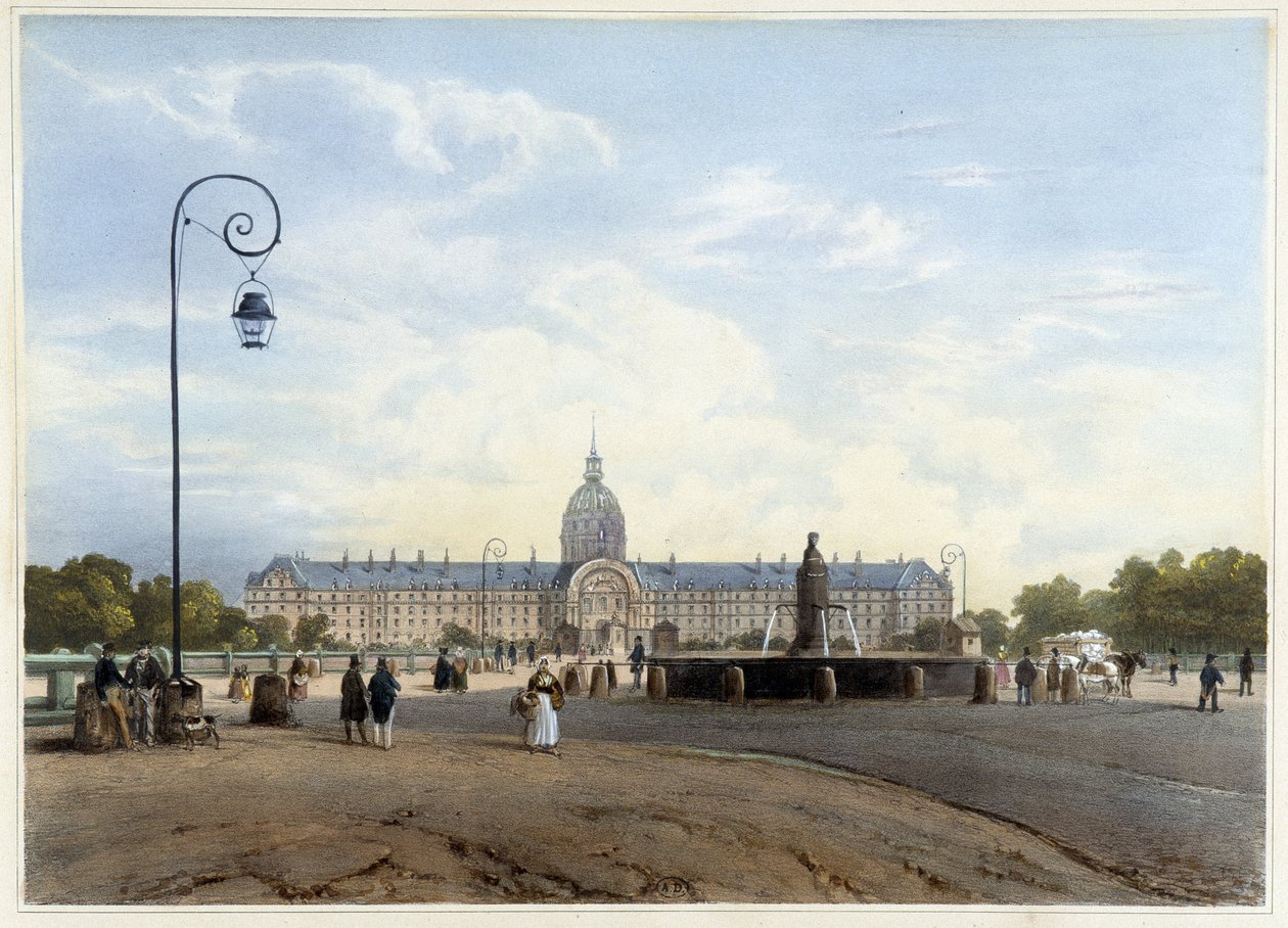 O Hôtel des Invalides visto do Champ de Mars - em "Promenade dans Paris et ses environs", de Jacottet et Benoist, ed. Gihaut de Philippe Benoist