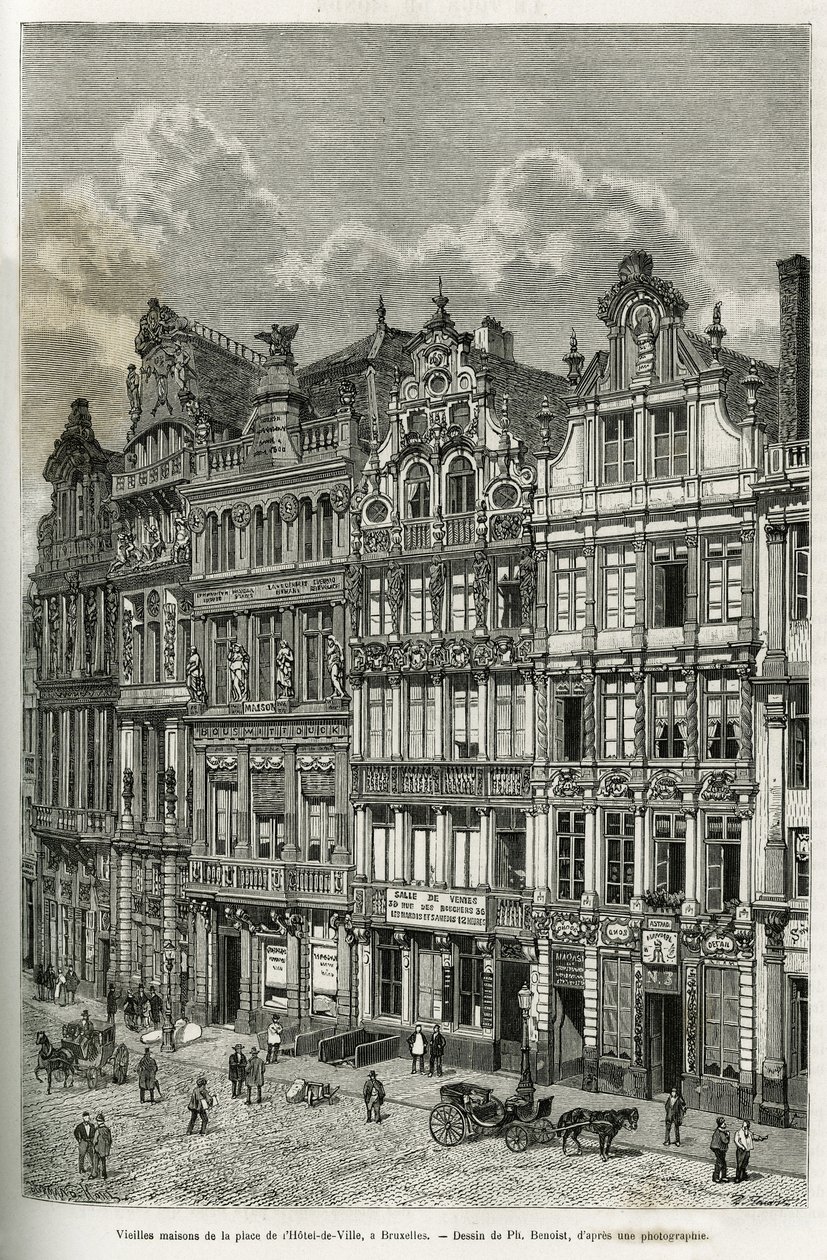 Casas antigas na praça da prefeitura em Bruxelas. Gravura de Ph. Benoist, para ilustrar a história da Bélgica de Camille Lemonnier, publicada no tour du monde, sob a direção de Edouard Charton (1807-1890), Paris de Philippe Benoist