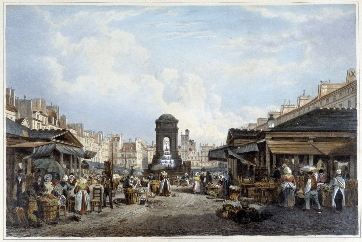 O passeio ao redor da fonte dos inocentes, ca. 1840 - em "Promenade dans Paris et ses environs", doente. por Jacottet e Benoist, Paris, v.1840 de Philippe Benoist