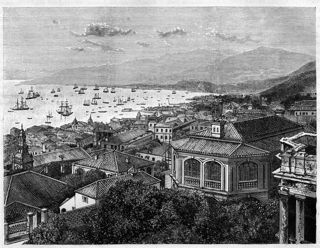 Vista da baía de Hong Kong. Gravura após um desenho de Benoist, em "Le Tour du Monde, Nouveau journal des Voyages", editado por Edouard Charton, Paris de Philippe Benoist