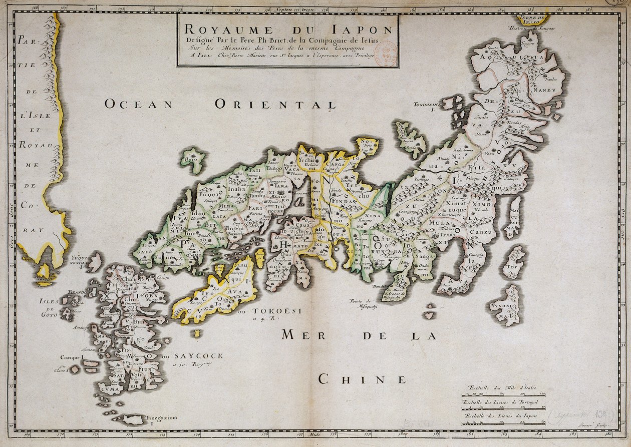 Mapa geográfico do Japão feito pelo Padre Philippe Briet, Jesuite e estudioso francês (1601-1668). Paris, NL de Philippe Briet
