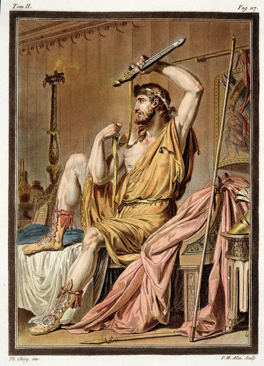 Agamenon, figurino para &39;Iphigenia in Aulis&39; de Jean Racine, de Volume II de &39;Investigação sobre os figurinos e o teatro de todas as nações&39;, gravado por Pierre Michel Alix (1762-1817) 1802 (gravura colorida de Philippe Chery