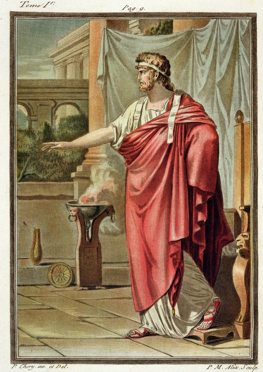 Pirro, figurino para &39;Andrômaca&39; de Jean Racine, do Volume I de &39;Pesquisa sobre os trajes e o teatro de todas as nações&39;, gravado por Pierre Michel Alix (1762-1817) 1802 de Philippe Chery