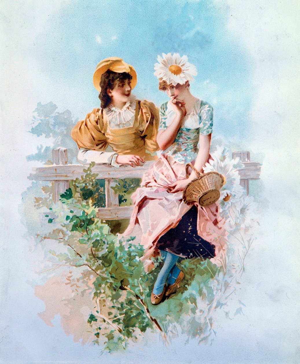 Confiança Duas jovens raparigas a sussurrar segredos. Litografia de Philippe Jacques Linder (1835-?) Coleção Particular do século XIX de Philippe Jacques Linder