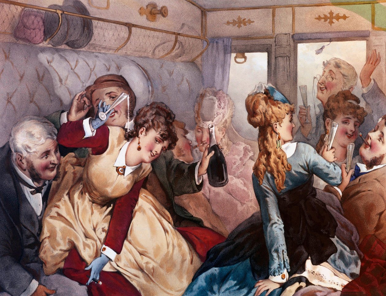 The Pleasure Train Um grupo de burgueses bebendo e se divertindo em uma carroça. Litografia de Philippe Jacques Linder de Philippe Jacques Linder