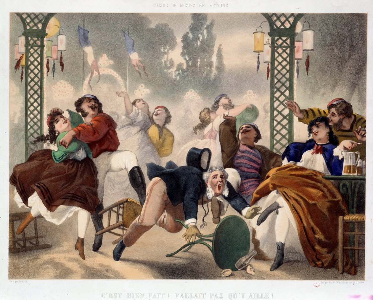 O cassino de Asnieres É bem feito, não precisava ir lá" Cena de entretenimento popular, um homem entra num banquinho e cai no meio da pista de dança. Litografia de Philippe Jacques Linder (1835-?). Serie Musee de Moeurs et d