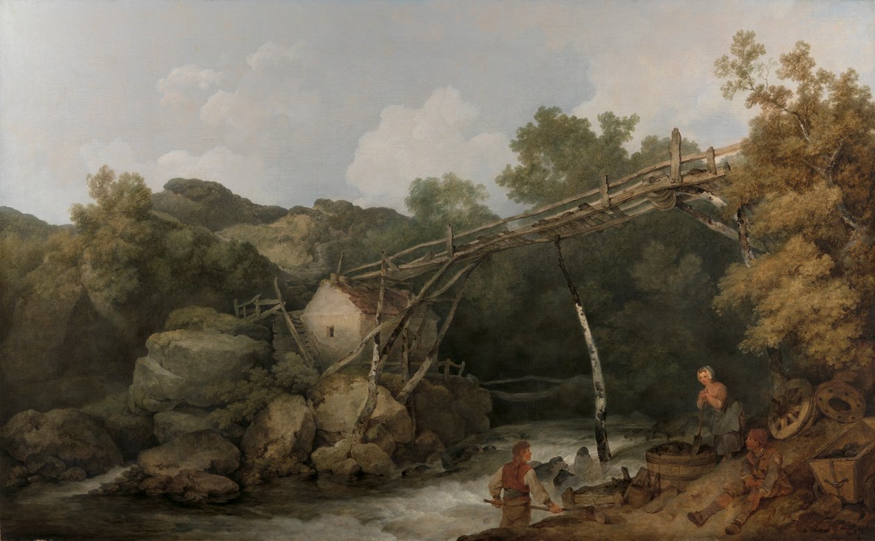 Uma Vista perto de Matlock, Derbyshire com Figuras Trabalhando por baixo de um Transportador de Madeira de Philippe Jacques de Loutherbourg