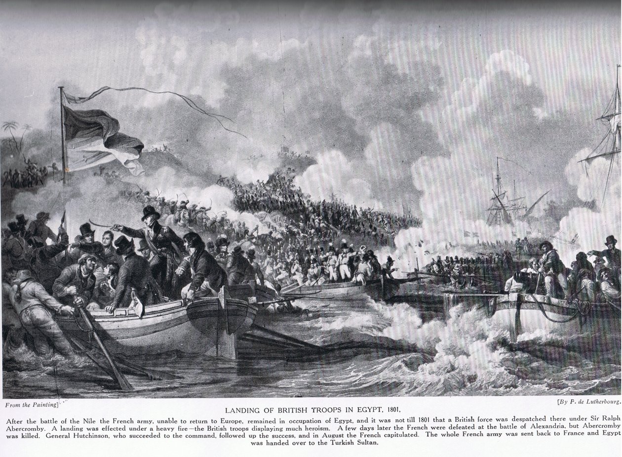 O desembarque de tropas britânicas no Egito em 1801, ilustração da "História das Nações de Hutchinson" de Philippe Jacques de Loutherbourg