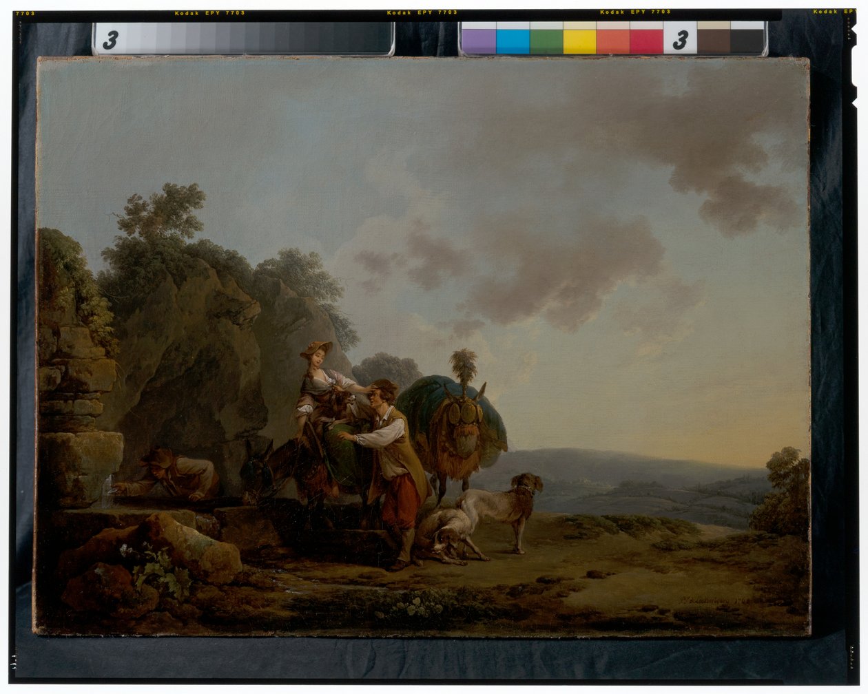 Viajantes com cães de caça e mulas carregadas num poço de Philippe Jacques de Loutherbourg