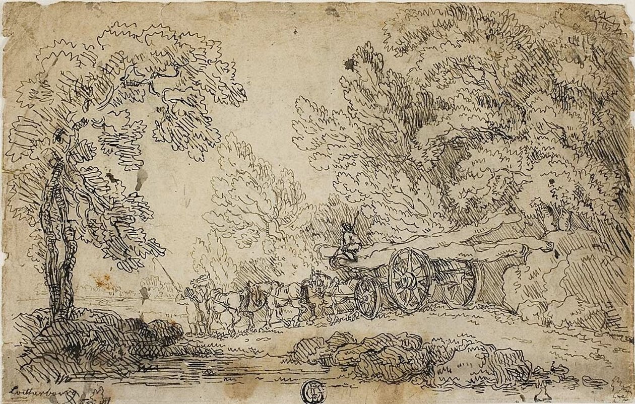 Transporte de troncos numa floresta (frente); esboços de pessoas em várias actividades (verso) de Philippe Jacques de Loutherbourg II