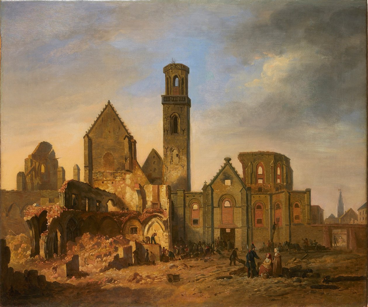 Vista da Abadia de São Miguel em Antuérpia após o incêndio de 27 de outubro de 1830. de Philippe Jacques van Brée