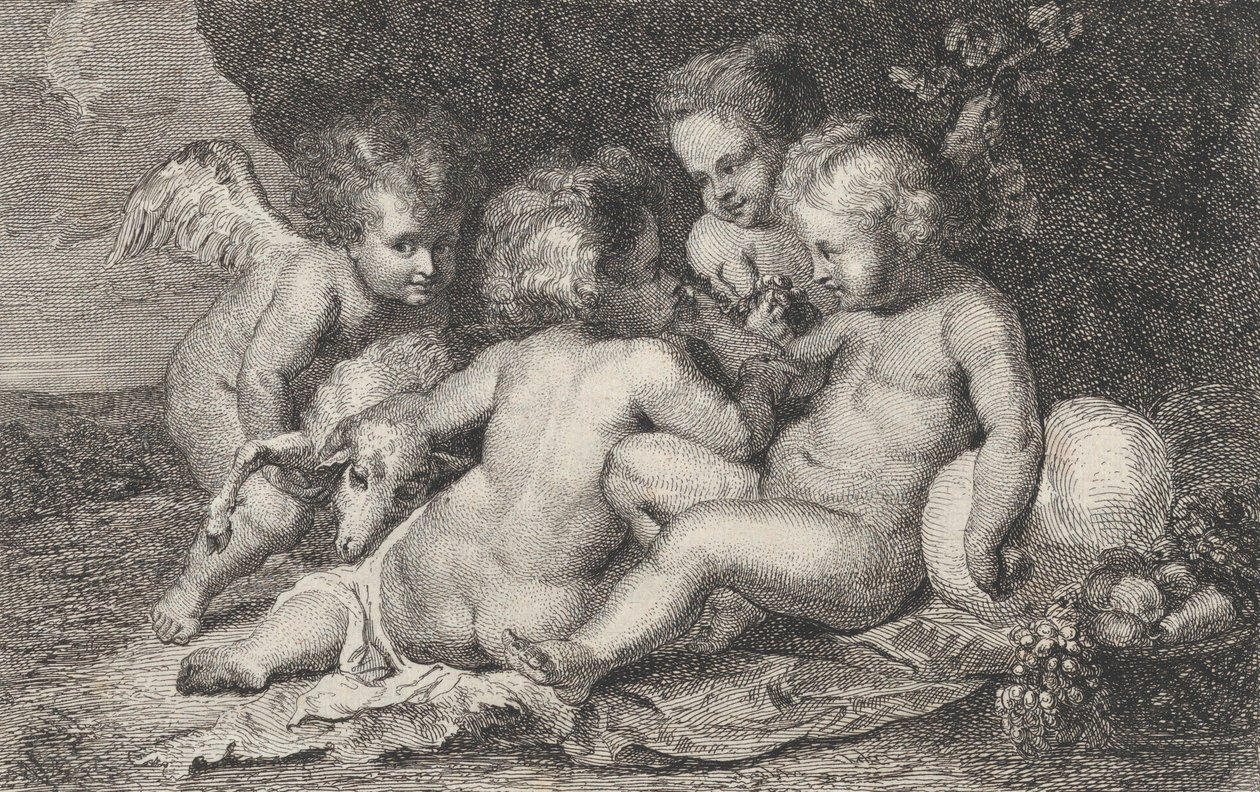 Um grupo de três crianças e um putto com frutas e um cordeiro, ca. 1760-1801. de Philippe Lambert Joseph Spruyt