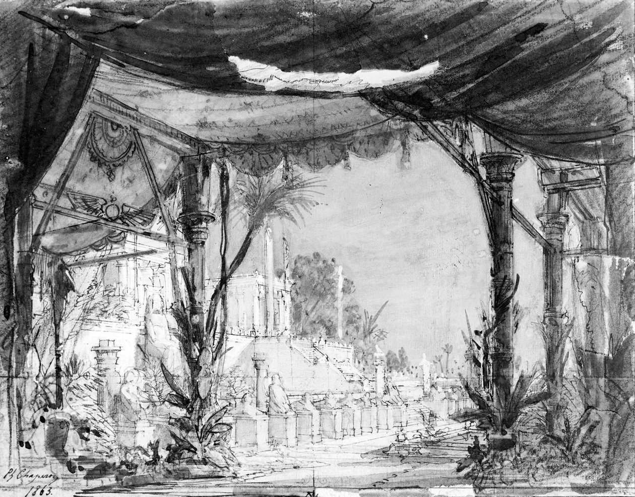 Cenário para &39;Les Troyens&39; de Hector Berlioz (1806-69) 1863 (caneta e tinta no papel) de Philippe Marie Chaperon
