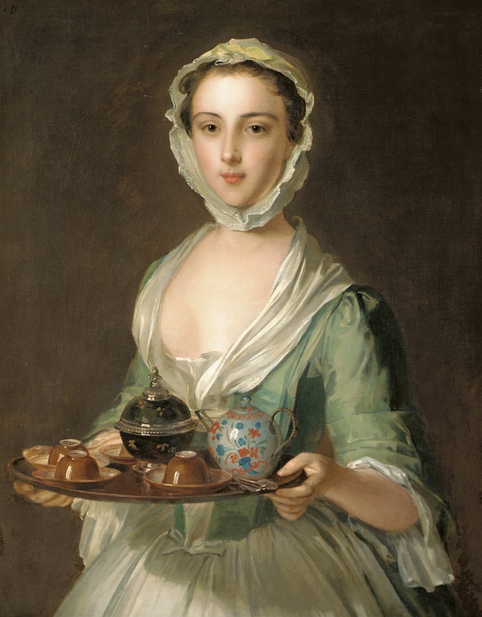 Retrato de uma jovem, possivelmente Hannah, a empregada do artista, segurando uma bandeja de chá de Philippe Mercier