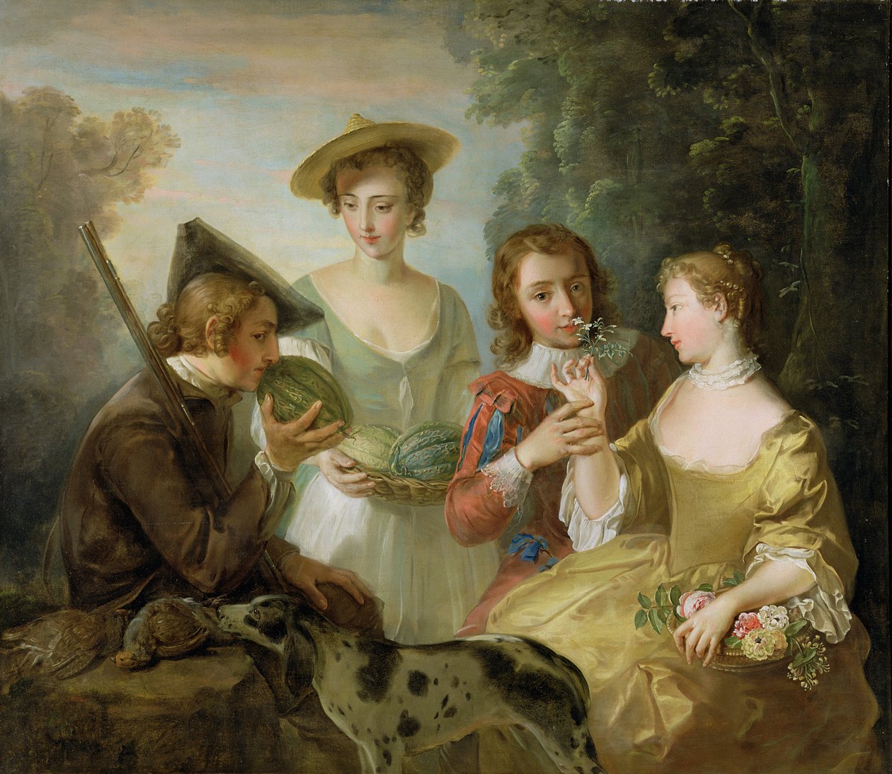The Sense of Smell, c.1744-47 (óleo sobre tela) (ver também 129302 e 129303) de Philippe Mercier