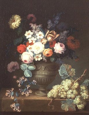 Natureza morta de flores num vaso clássico com um cacho de uvas de Philippe Parpette