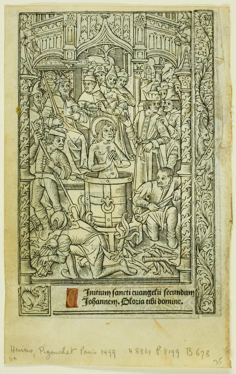 O Martírio de São João Evangelista (reto) e Calendário de dezembro (verso), do Livro de Horas de Philippe Pigouchet