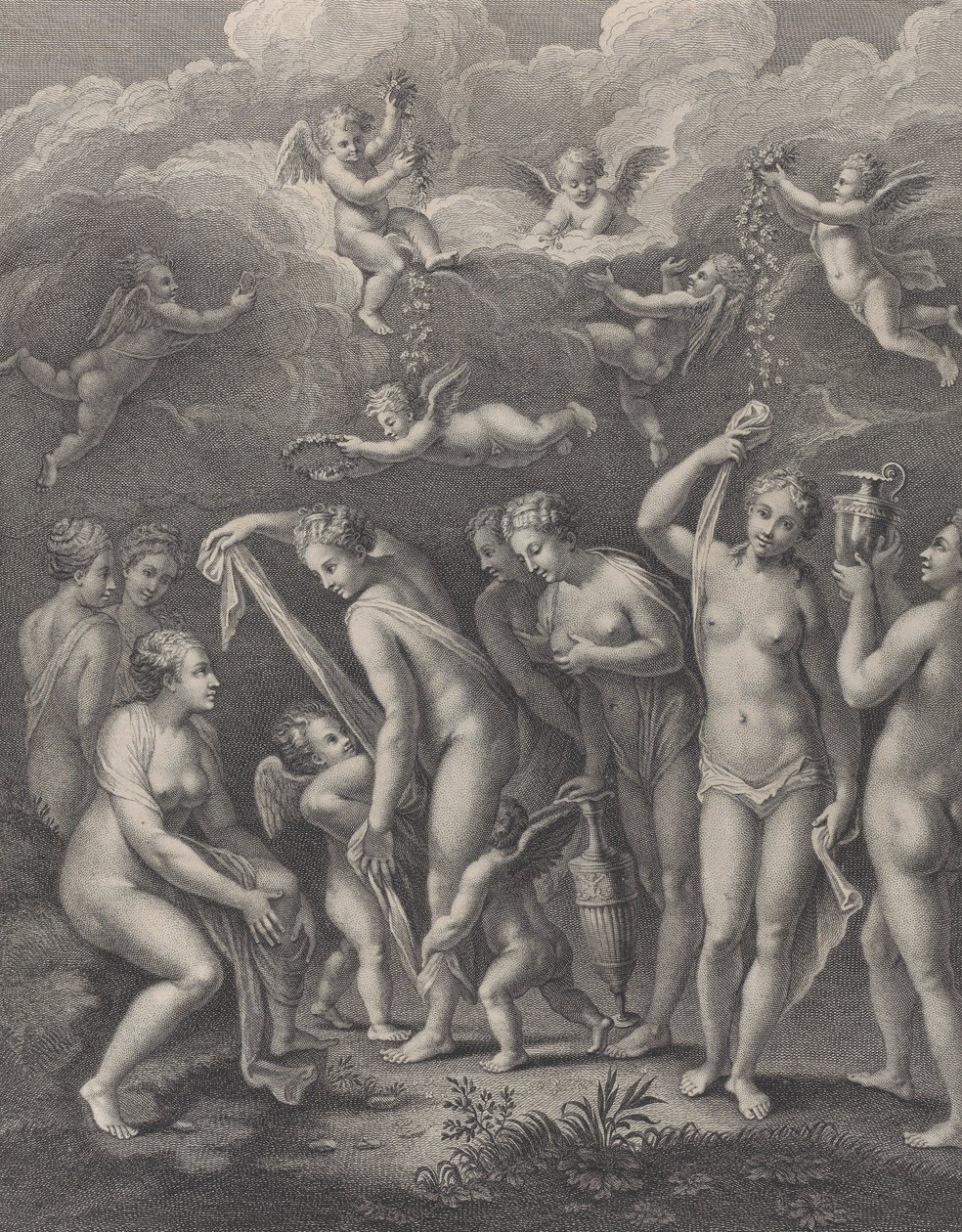 Hera, Afrodite e Atena se preparando para o concurso de beleza diante de P..., ca. 1729-40. de Philippe Simonneau