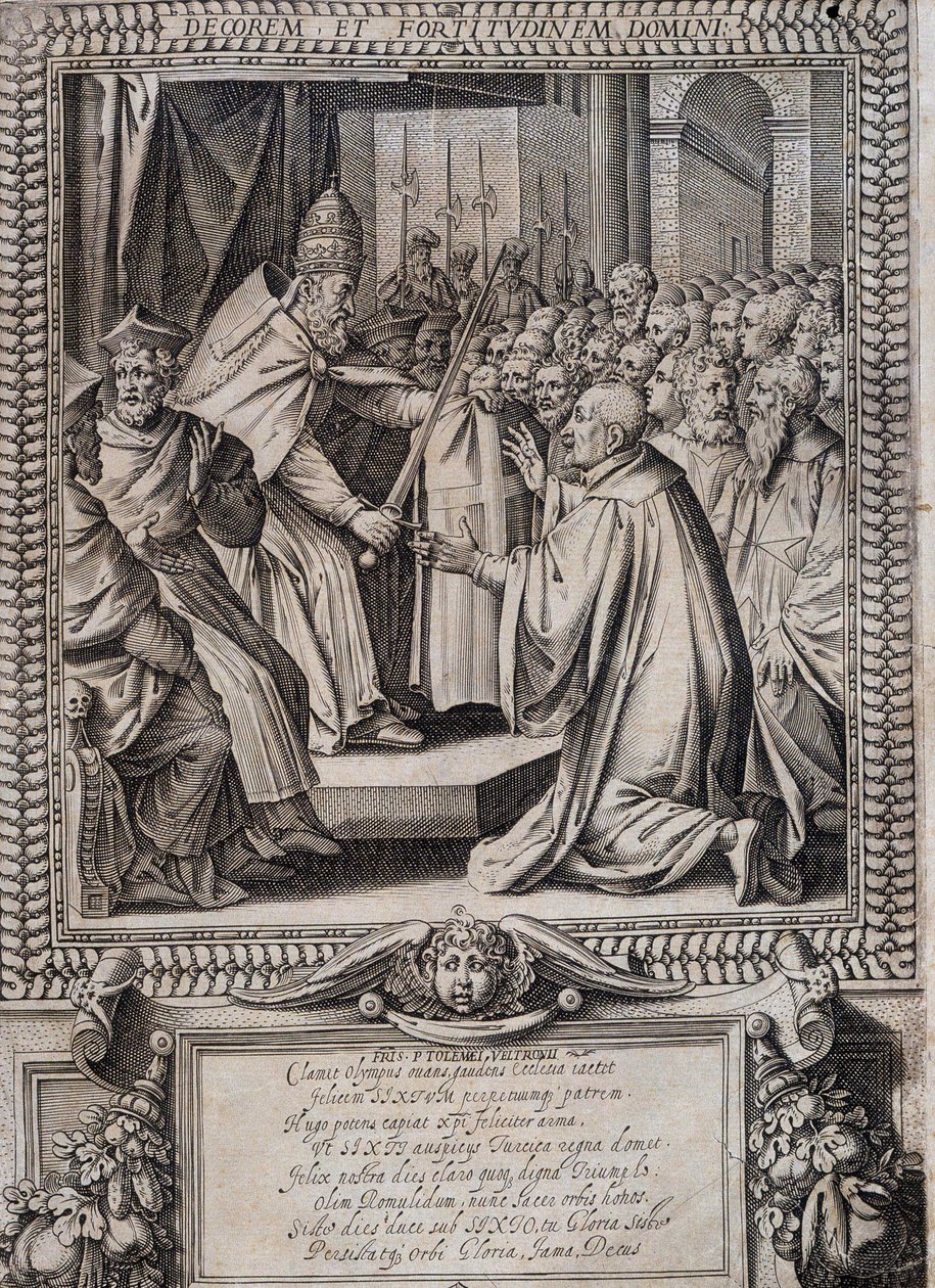 Conselho de Estatutos da Ordem de Malta "Statuta Hospitalis Hervsalem" (amolecimento de um cavaleiro por um papa), de Philippe Thomassin, finais do século XVI de Philippe Thomassin