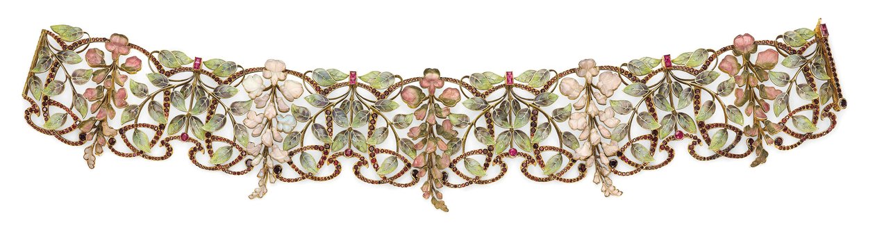 Gargantilha Art Nouveau com múltiplas gemas e esmalte &39;Wisteria&39; de Philippe Wolfers