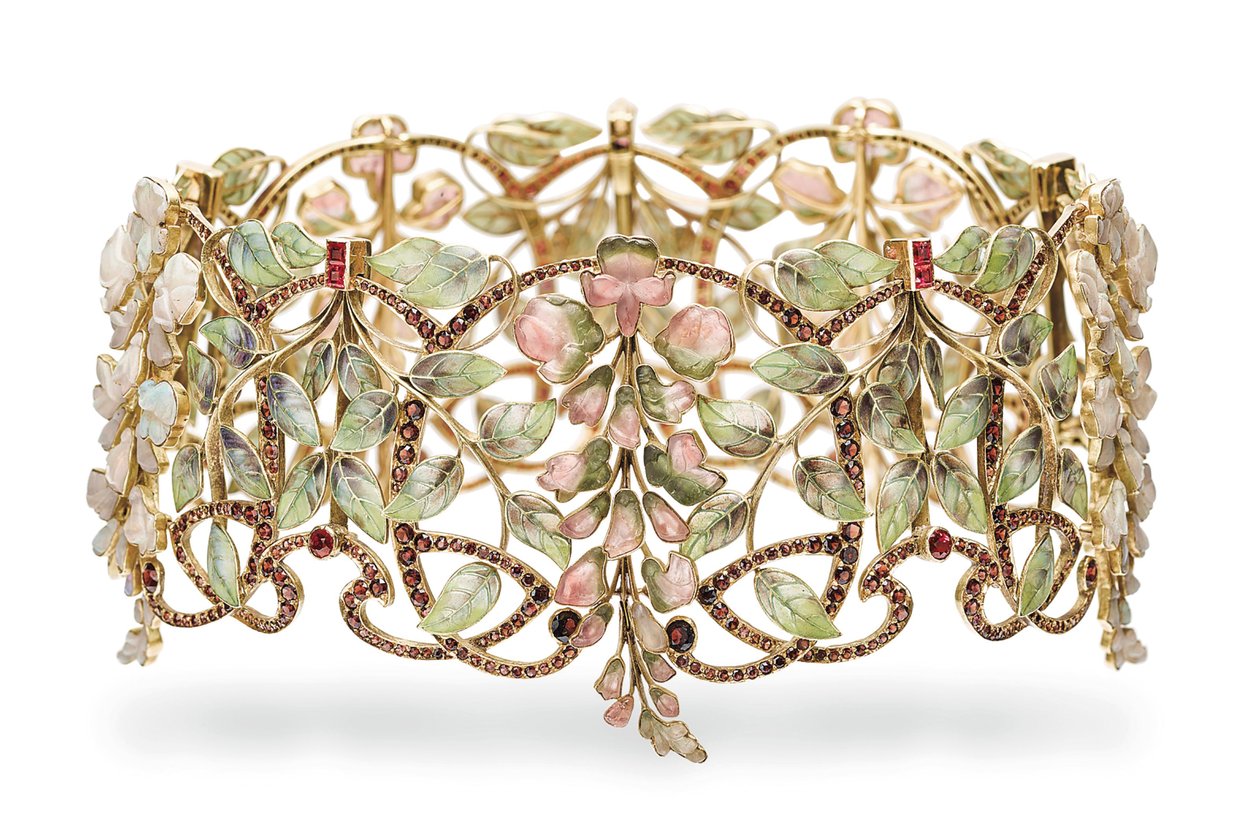 Gargantilha Art Nouveau com múltiplas gemas e esmalte &39;Wisteria&39; de Philippe Wolfers
