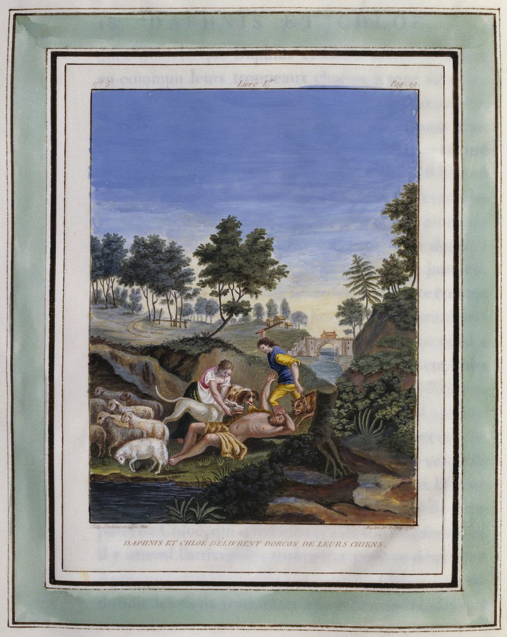 Daphnis e Chloe libertam Dorcon dos seus cães. Desenho de Philippe d