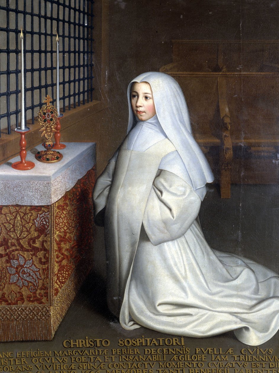 Retrato de Marguerite Périer, reclusa do convento de Port Royal des Champs (Port-Royal-des-Champs) e sobrinha de Pascal ("A Cristo Salvador": Marguerite Périer, uma menina de 10 anos cujo olho esquerdo foi curado em contacto com o espinho revigorante") - O de Philippe de (attr. to) Champaigne