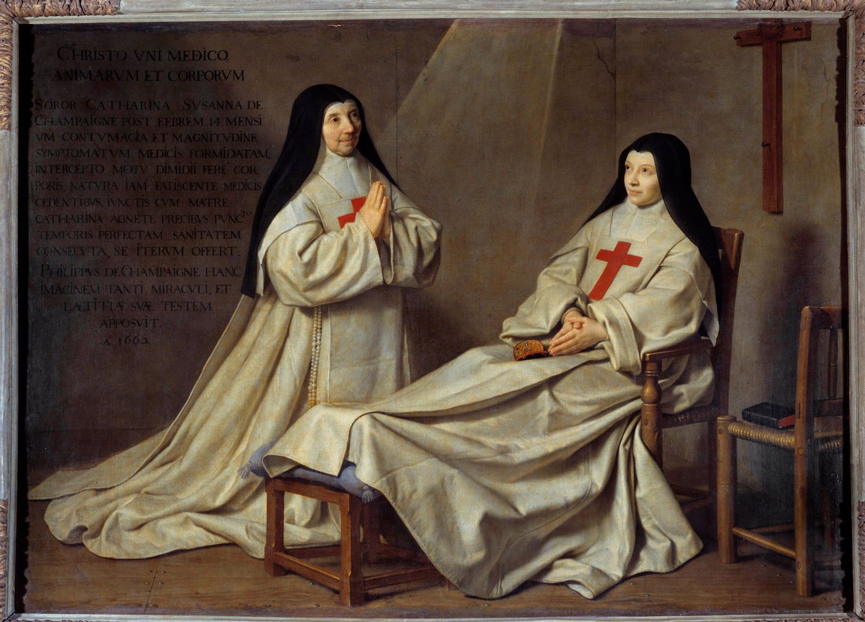 Jansenismo: "Retrato de Madre Catherine Agnes Arnauld (1593-1671) e Irmã Catherine de Sainte Suzanne Champaigne (1636-1686), filha da artista" Madre Catherine-Agnes de Saint-Paul chamada Agnes Arnauld era a abadessa da abadia de Port Roya de Philippe de Champaigne