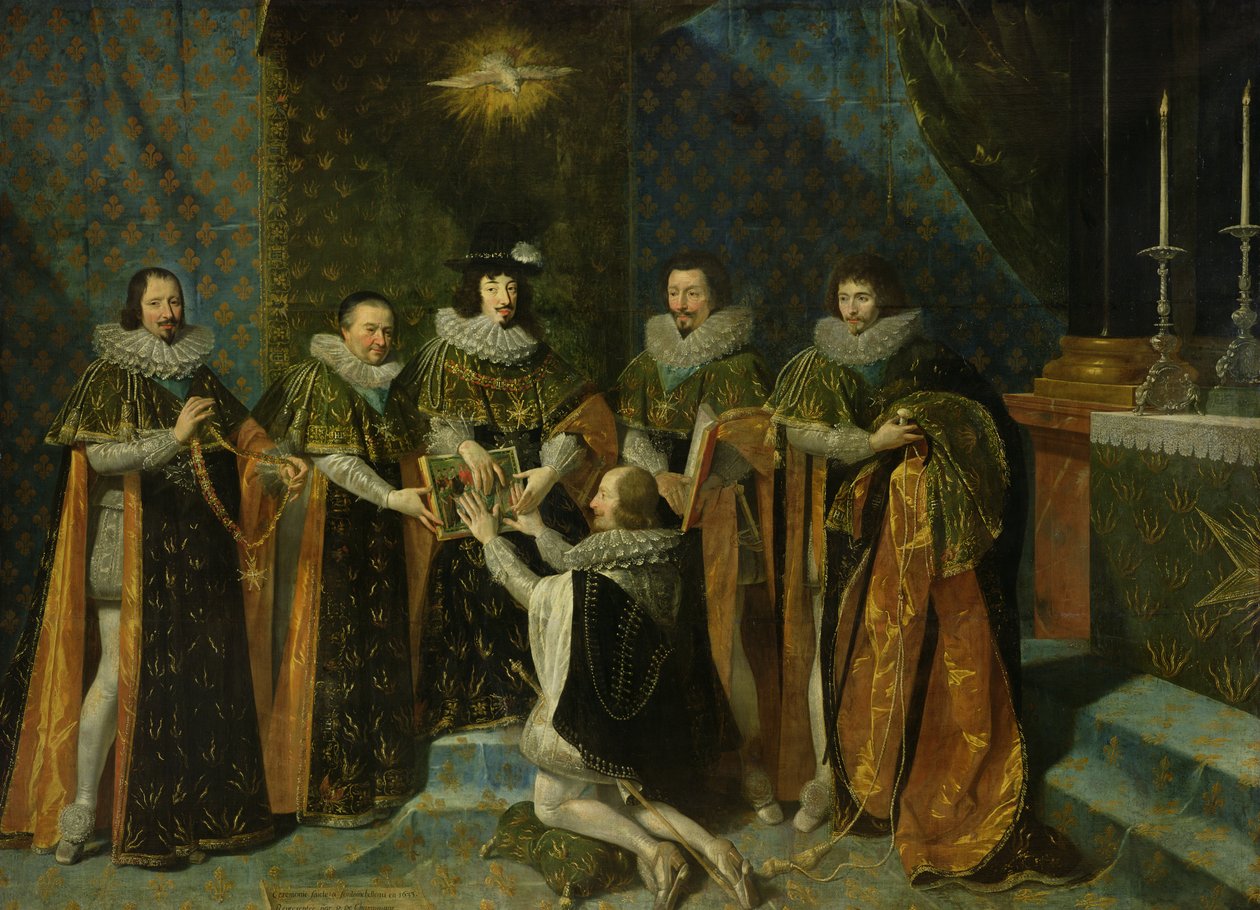 Luís XIII (1601-43) Recebendo Henri d&39;Orleans (1595-1663) Duc de Longueville, na Ordem do Santo Esprit, 1633 de Philippe de Champaigne