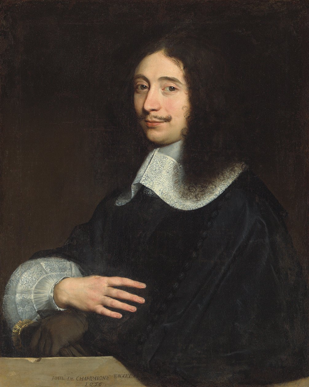 Retrato de um cavalheiro, tradicionalmente identificado como Noël de Bullion, de comprimento médio, de preto com gola e manga de renda, as luvas na mão esquerda, 1656 de Philippe de Champaigne