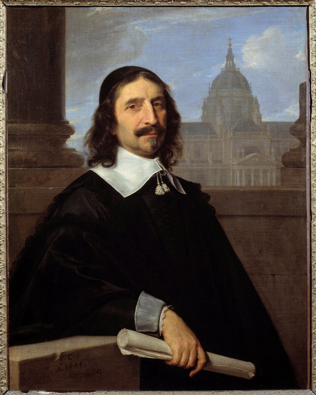 Retrato do arquitecto Jacques Lemercier (1585-1654) em frente à capela da Sorbonne Pintura de Philippe de Champaigne (1602-1674) (ec.flam.) Sol do século XVII. 0,97x0,75m - - Retrato do arquitecto Jacques Lemercier (1585-1654), em frente à capela da Sorbon de Philippe de Champaigne