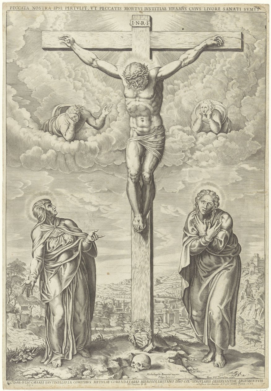 Cristo na cruz flanqueado por Maria e João numa paisagem de Philippe de Soye