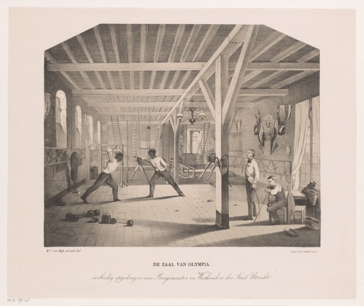 Vista no salão de esgrima e ginástica da empresa estudantil Olympia The Hall of Olympia (título no objeto) de Philippus Anthonius Alexander Kanne