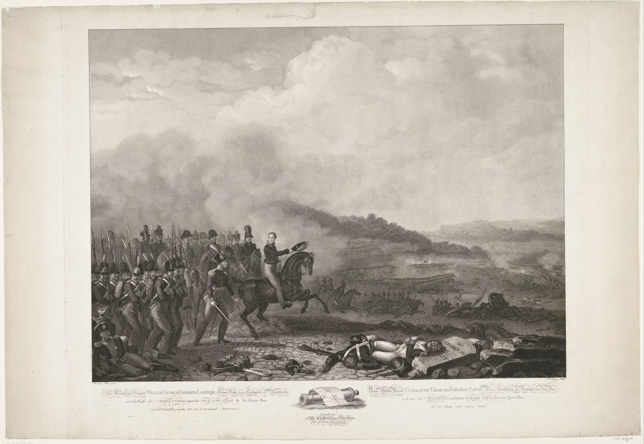 Príncipe de Orange liderando as tropas holandesas na Batalha de Quatre-Bras, 1815 Sua Alteza Real William, George, Frederik, Lodewijk, Príncipe Herdeiro do Reino dos Países Baixos à frente dos holandeses contra o exército francês por Quatre-B de Philippus Velijn