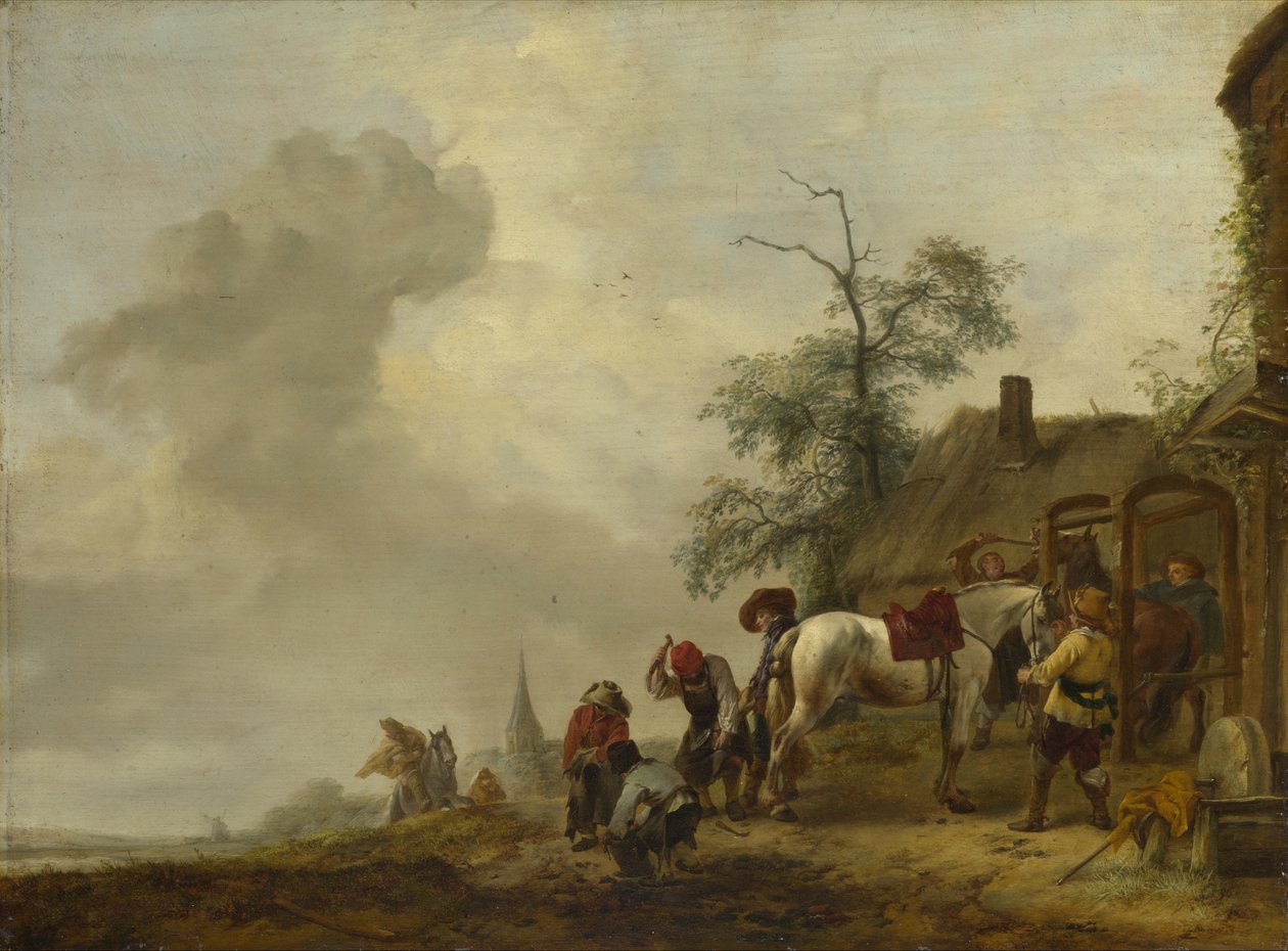 Um cavalo sendo calçado do lado de fora de uma vila Smithy de Philips Wouwerman