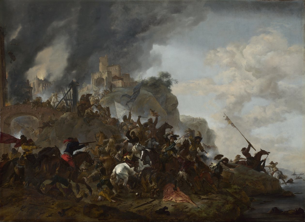 Cavalaria fazendo uma sortie de um forte em uma colina de Philips Wouwerman
